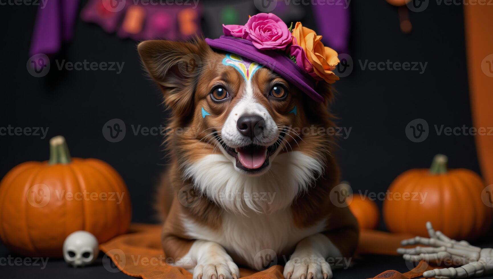 Pet costumes featuring cats and dogs adorned with vibrant Sugar Skull faces or Festive Day of the Dead masks celebrating a blend of Halloween and Mexican cultural traditions Dia de los Muertos photo