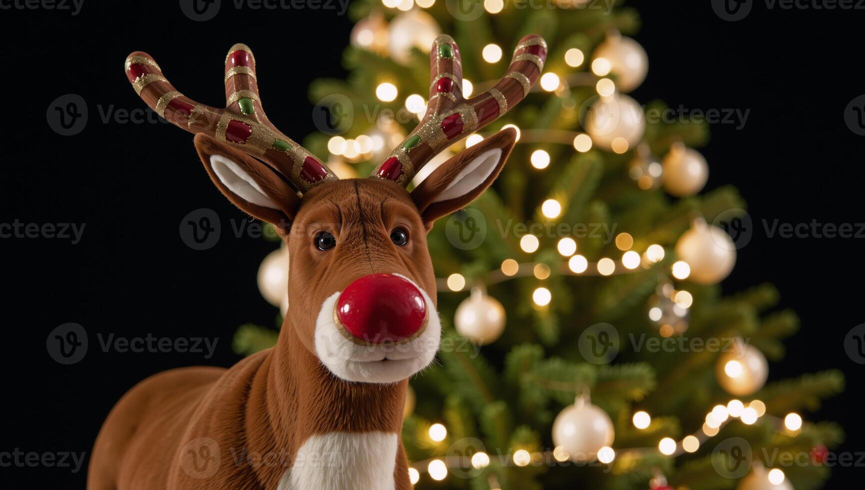 A festively adorned reindeer stands before a beautifully illuminated Christmas tree photo
