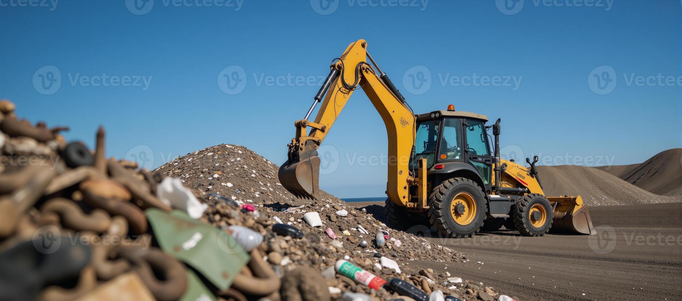 Backhoe excavating massive trash heap photo