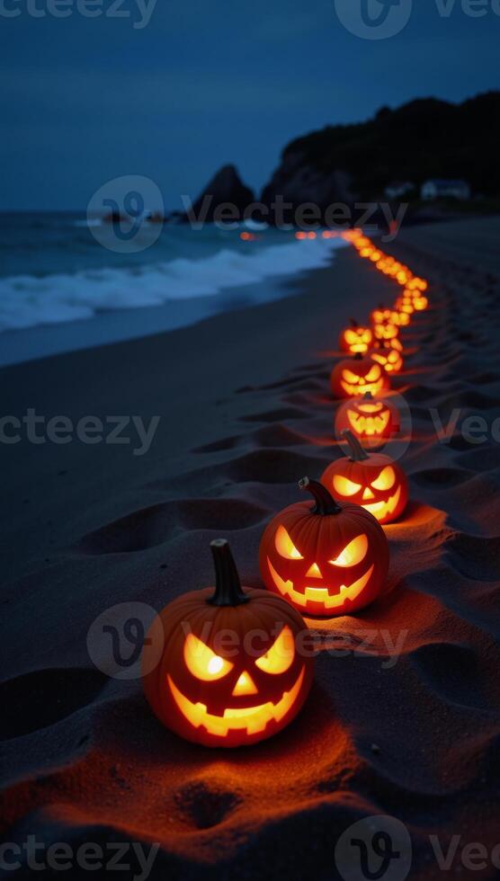 Spooky Halloween beach scene with lit pumpkins by the shoreline photo