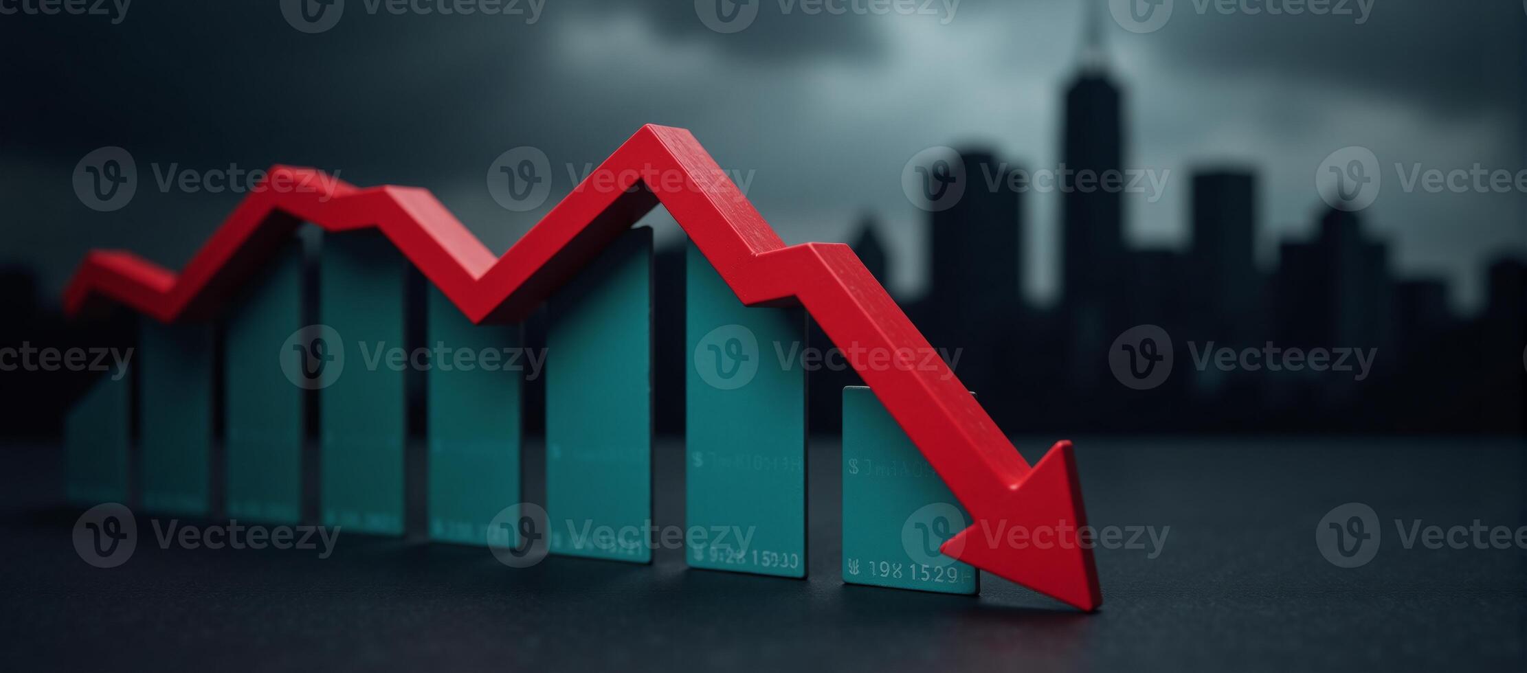 A downturning economy depicted by a declining stock chart and a dark cityscape symbolizing impending bankruptcy photo
