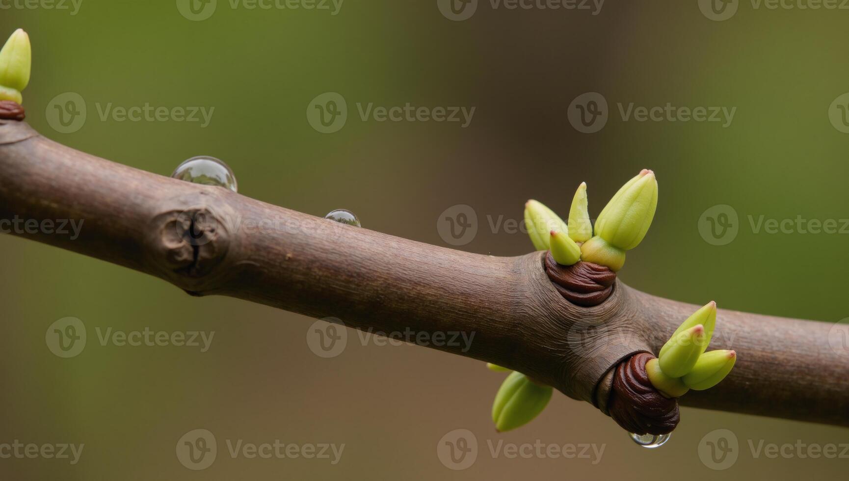 Branch with budding flowers and raindroplets on bark signifying springtime photo