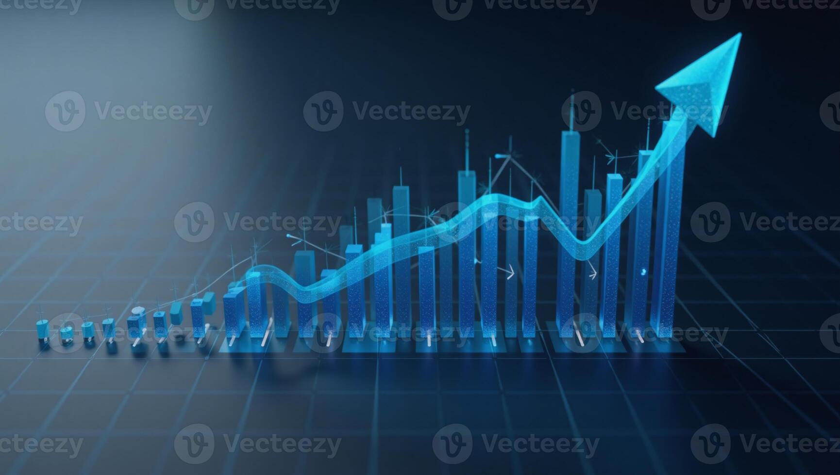 A 3Drendered economic growth graph on an abstract dark background shows a soaring financial curve in bluescale photo