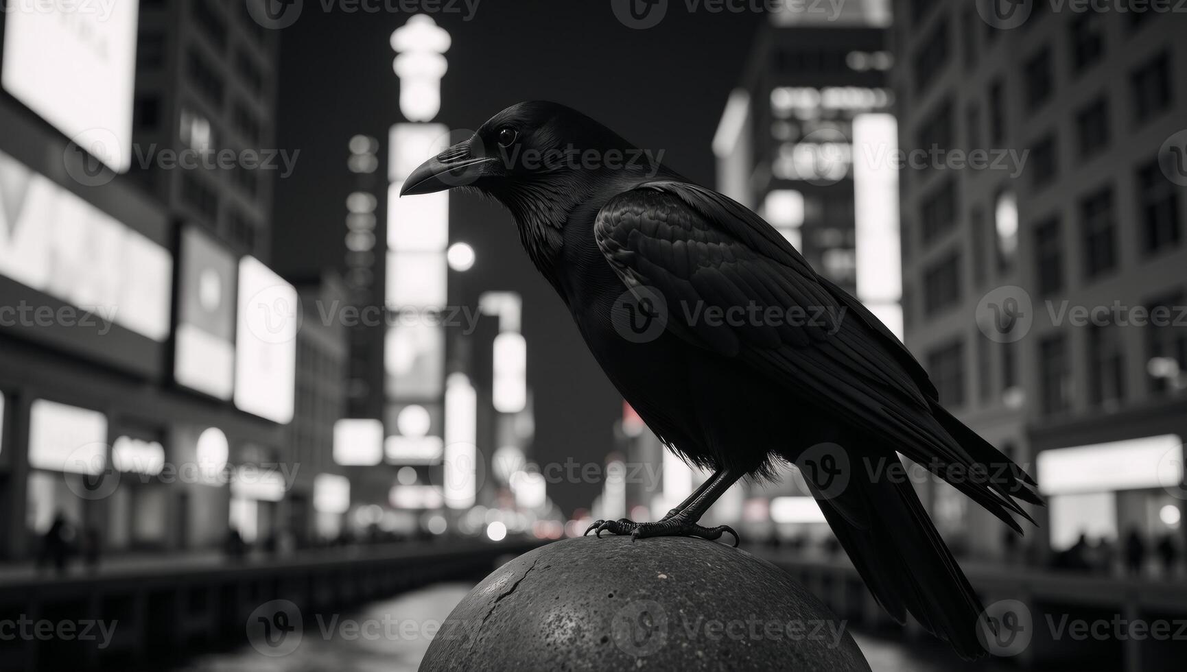 Black Raven sits on a stone amidst a backdrop of a night city photo