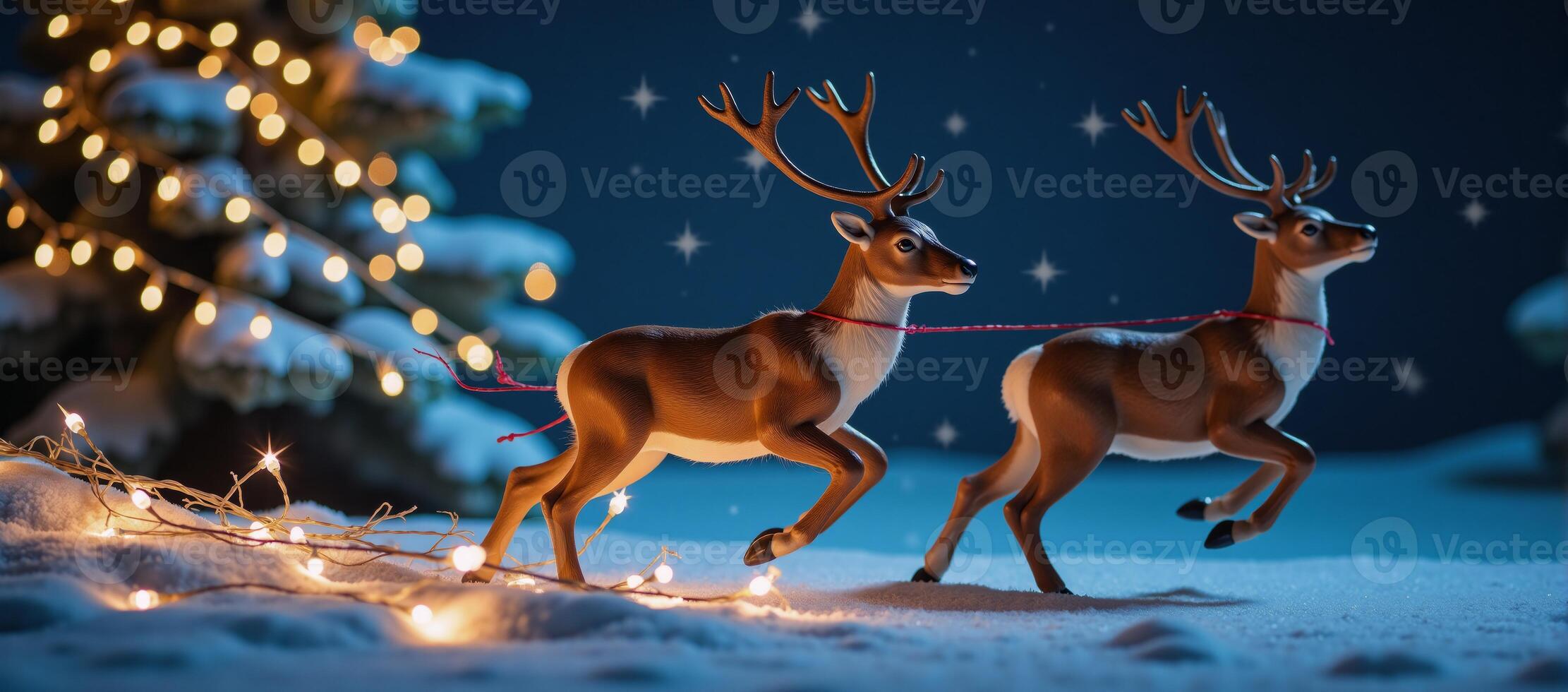 A hightech festive Christmas banner featuring a magical reindeer scene adorned with twinkling lights and stars photo