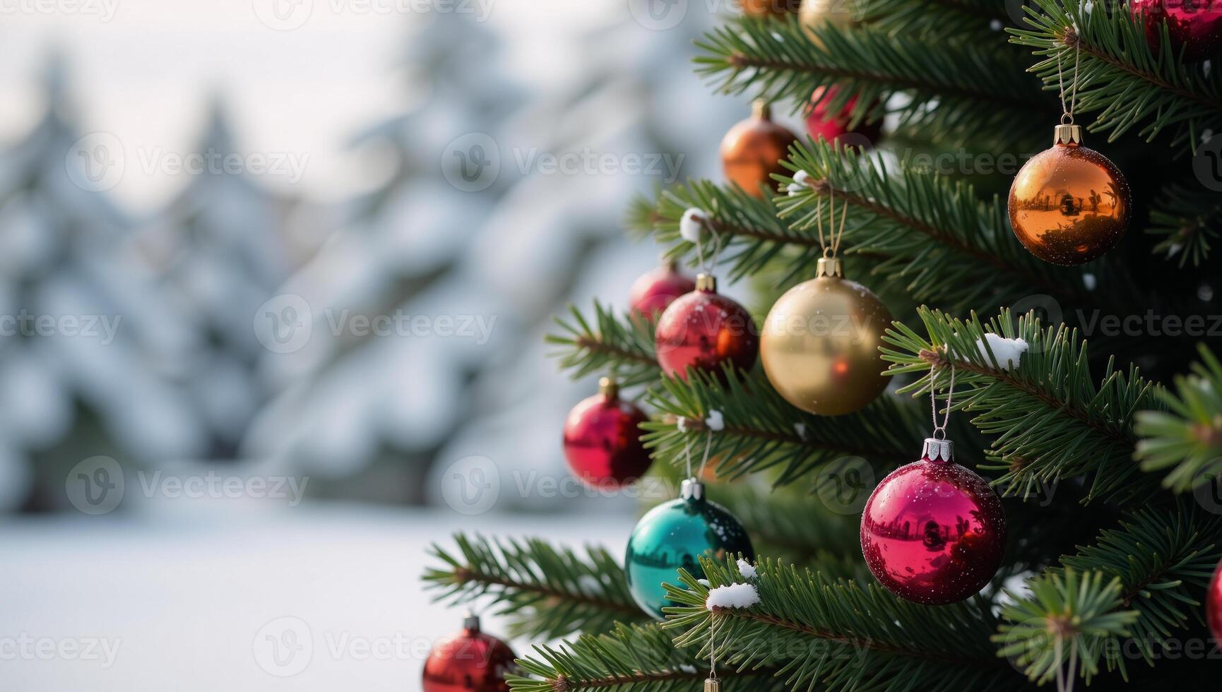 A Christmas tree adorned with ornaments amidst falling snowflakes against a wintery backdrop photo