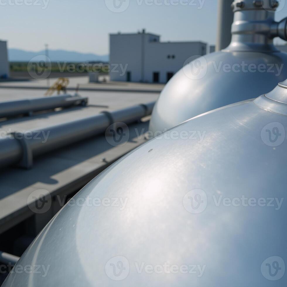 Closeup image showcasing an industrial H2 fuel tank and its accompanying hydrogen power plant as symbols of our journey towards achieving net zero emissions by 2050 photo