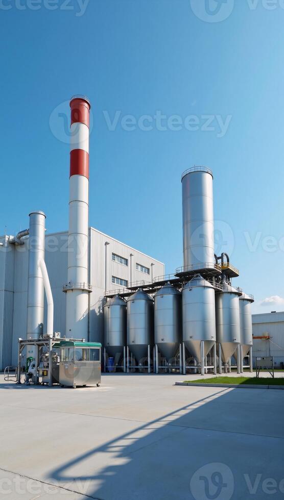 A sunlit ecofriendly manufacturing facility featuring hydrogen tanks and producing clean hydrogen fuel is depicted in an innovative modern industrial setting 3D Image photo