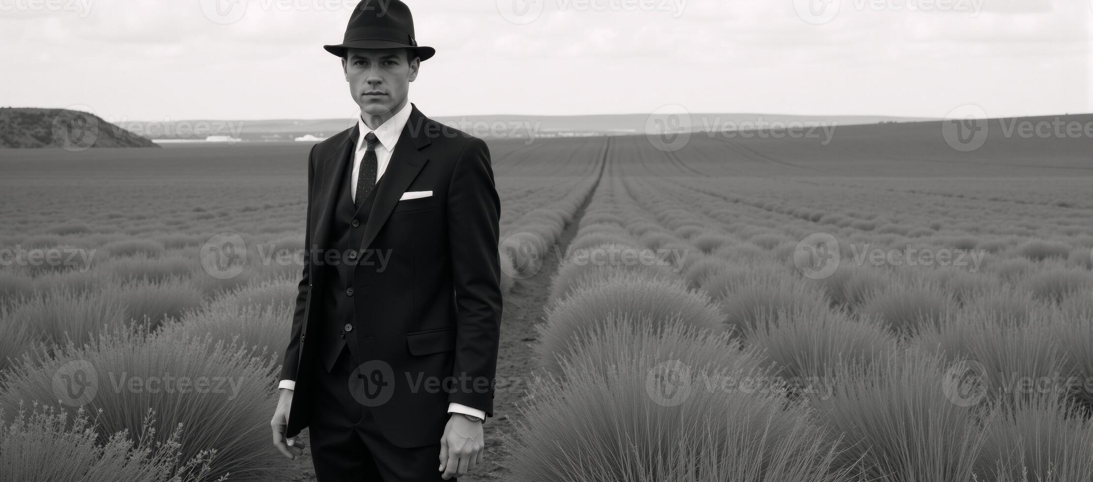 A retrostyled gentleman in suit and hat stands in a sprawling field photo