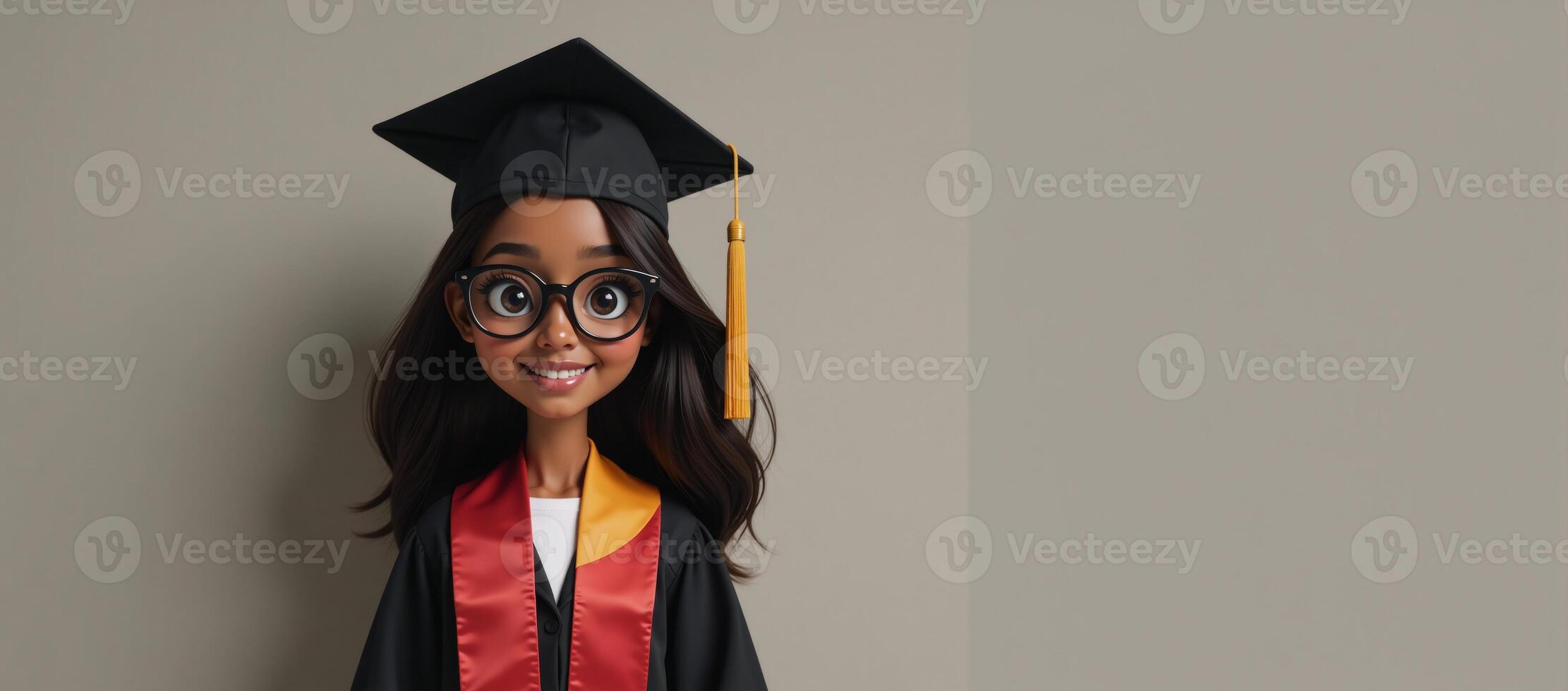 A cartoony image of an AfricanAmerican girl graduating long dark hair glasses sassy black cap gown vibrant colorful sash photo