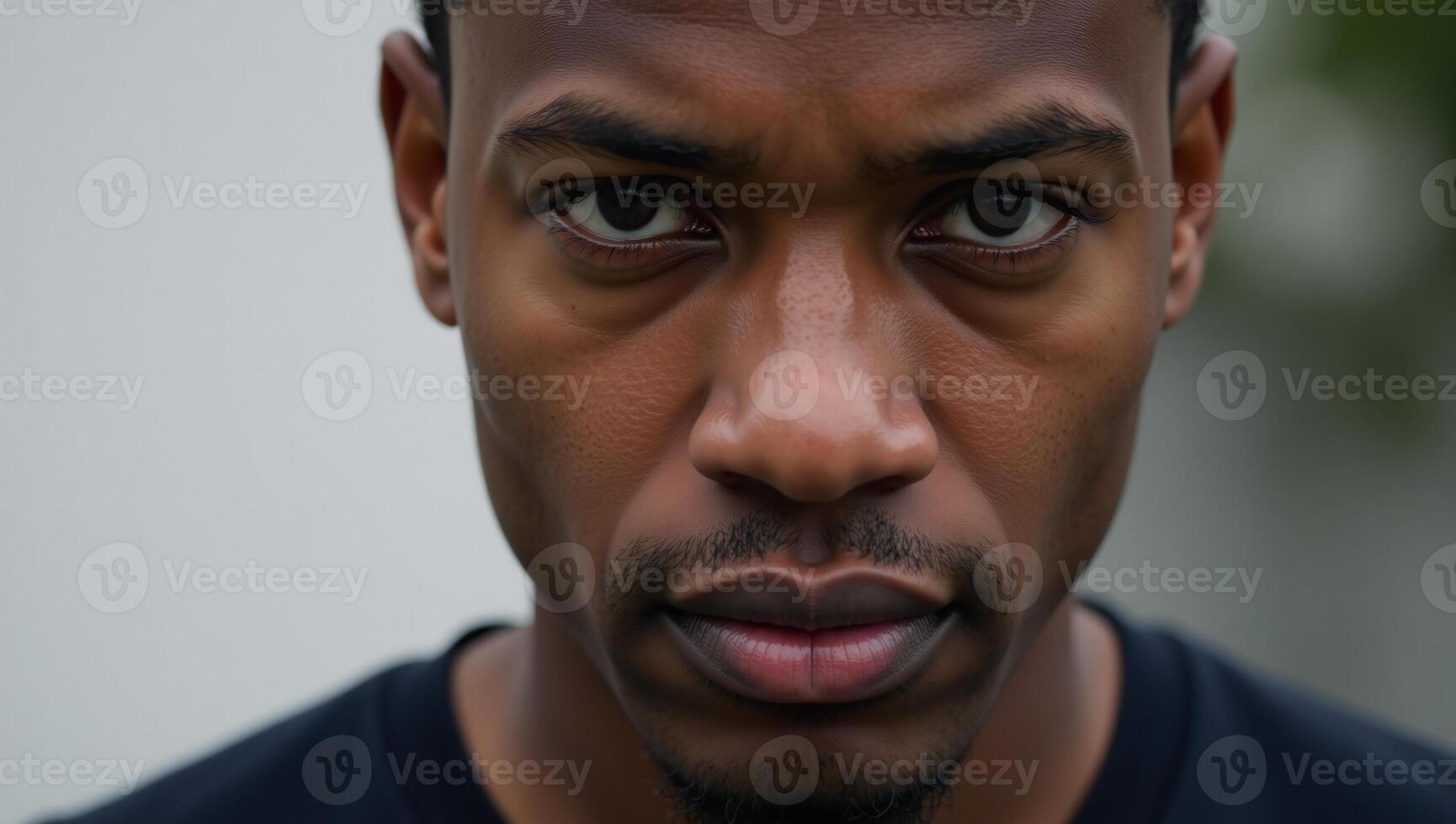 Closeup portrait of a melancholic African American male gazing directly into the camera photo