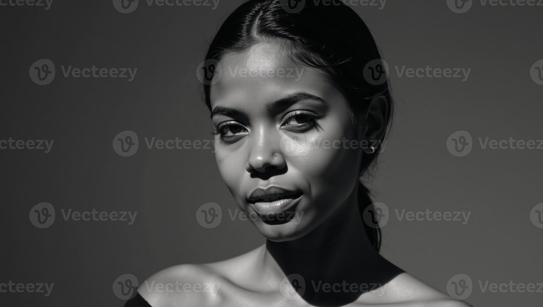 Black White portrait showcases an elegant AfricanAmerican young adult under sunlit natural light with her hair styled up smooth skin and intense gaze photo