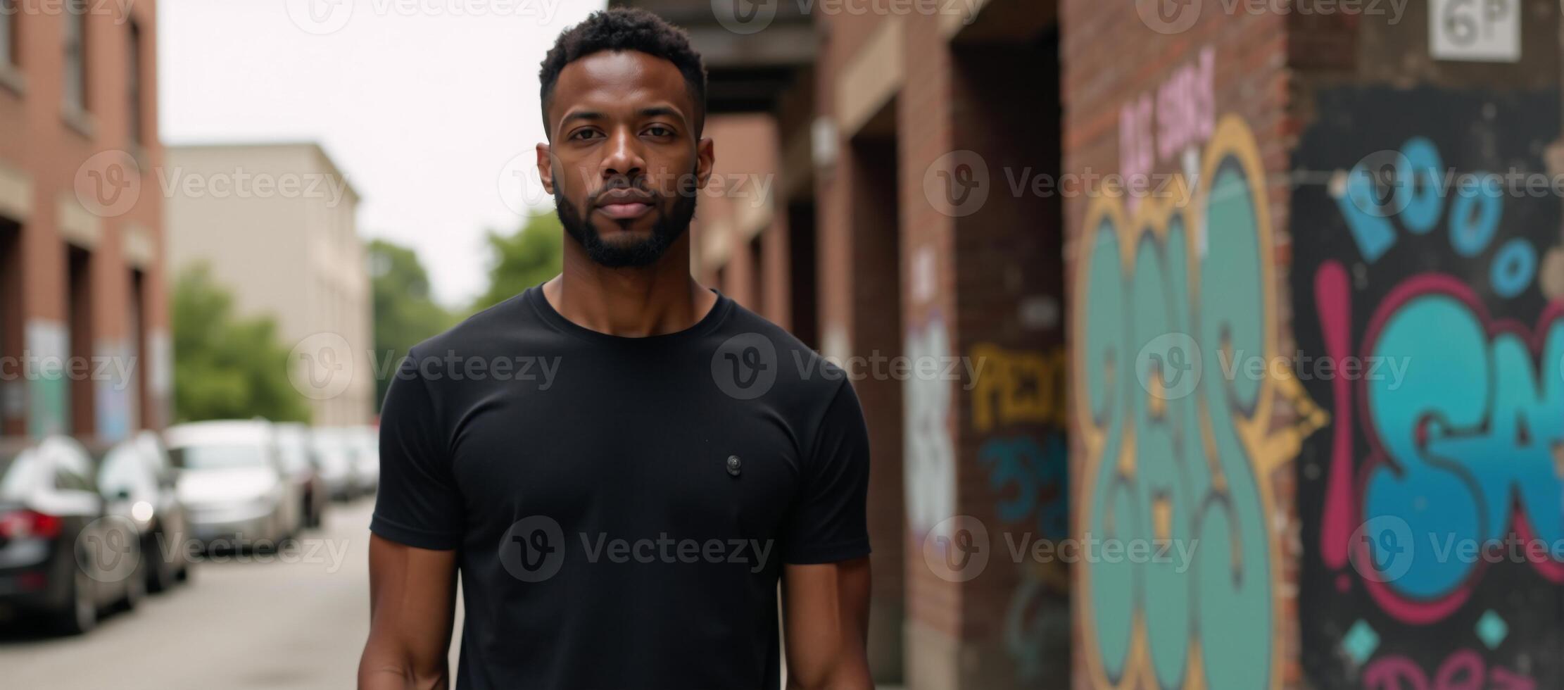 Confident African American male in fitted black tee against an urban backdrop captured under soft bokeh lighting to showcase textures and fit photo