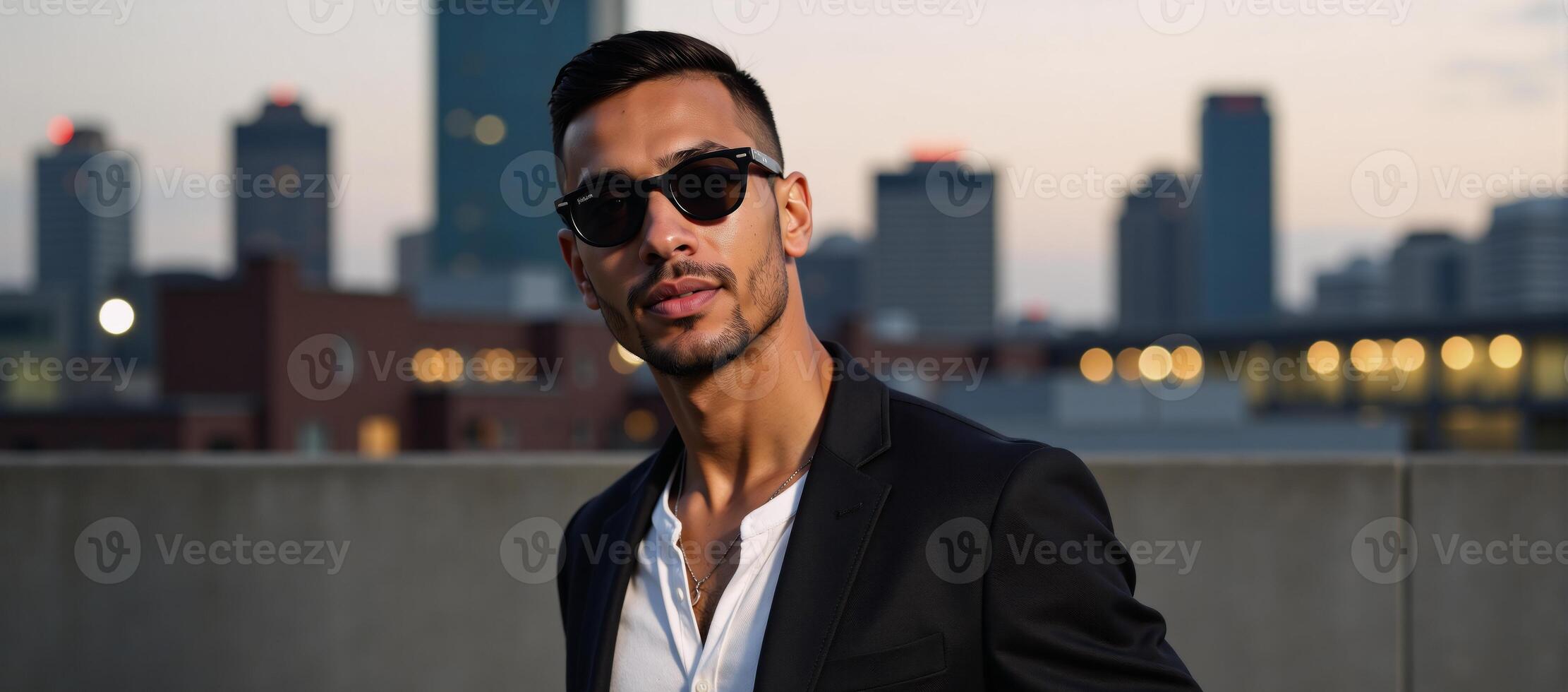 A stylish confident black male model posing with swagger in a trendy outfit amidst a modern city skyline at twilight photo