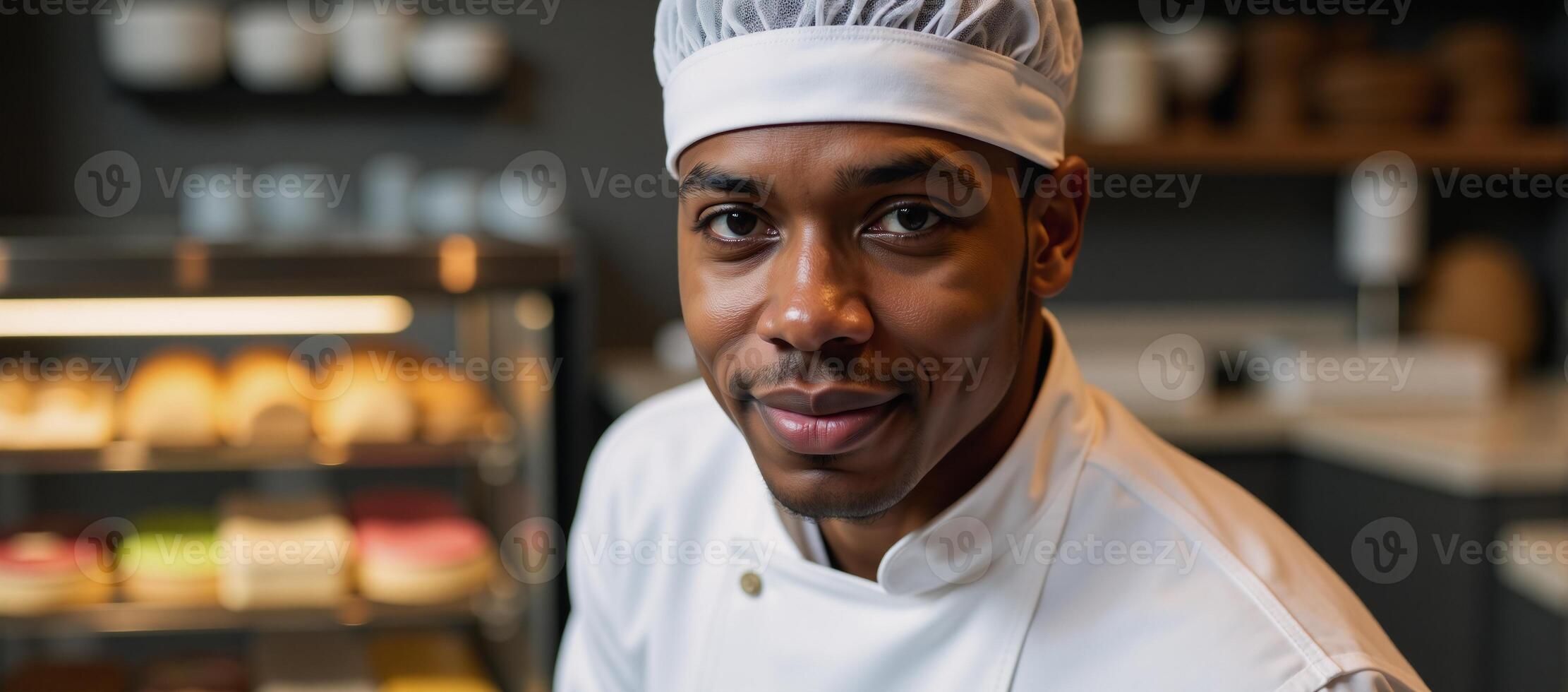 Young AfricanAmerican man donned in white hairnet apron working in bakery with fresh pastries behind him photo