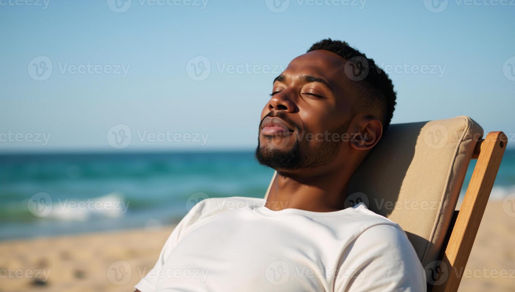 African American man relaxing at the beach with a reclined posture and soaking up the sun photo