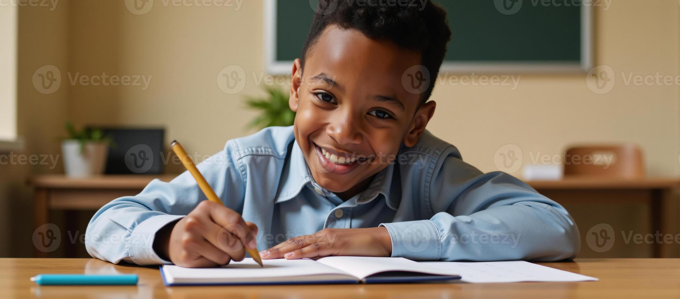 Cheerful African American boy engrossed in homework with radiant smile under warm lighting photo