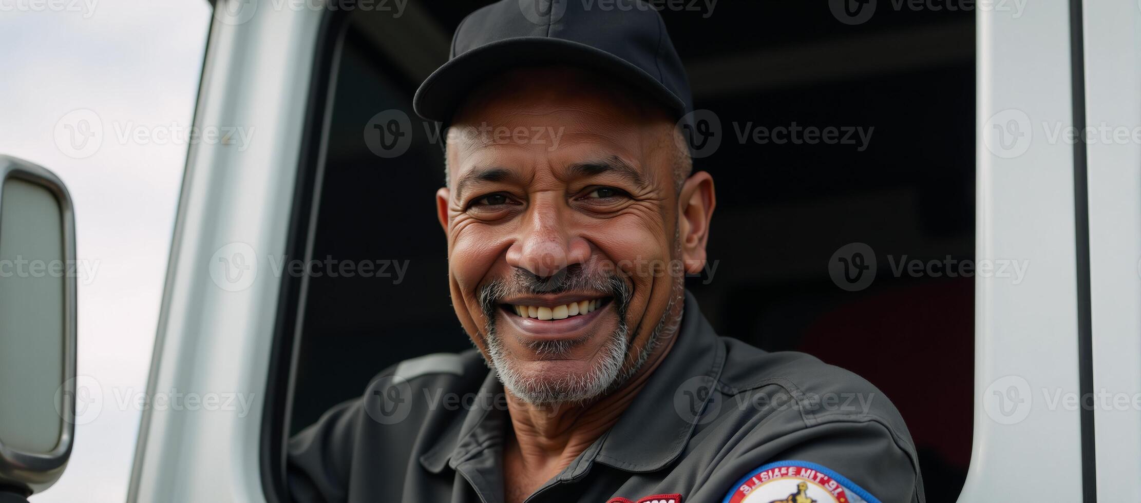 Portrait of an experienced AfricanAmerican truck driver exuding kindness photo