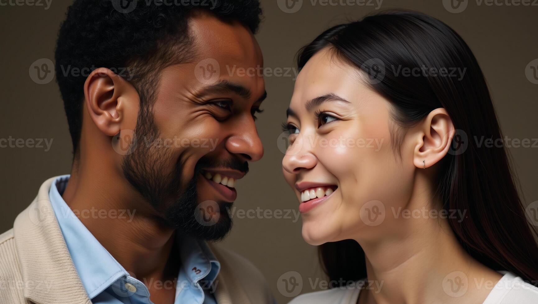 Realistic portrait featuring interracial couple expressing their love and affection photo