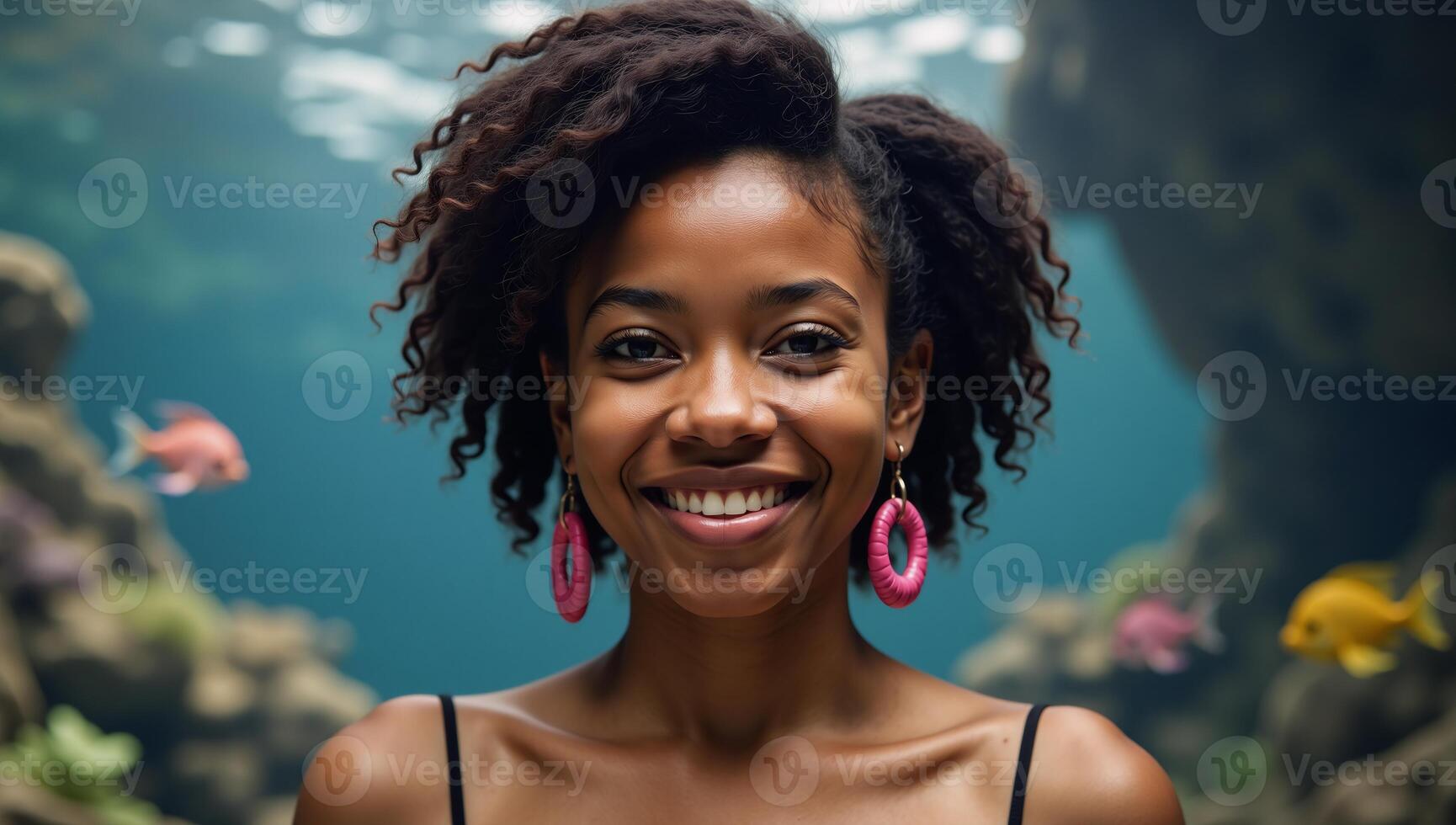 Vibrant underwater setting showcases an African American woman with a playful expression ideal for creative or romantic motifs photo