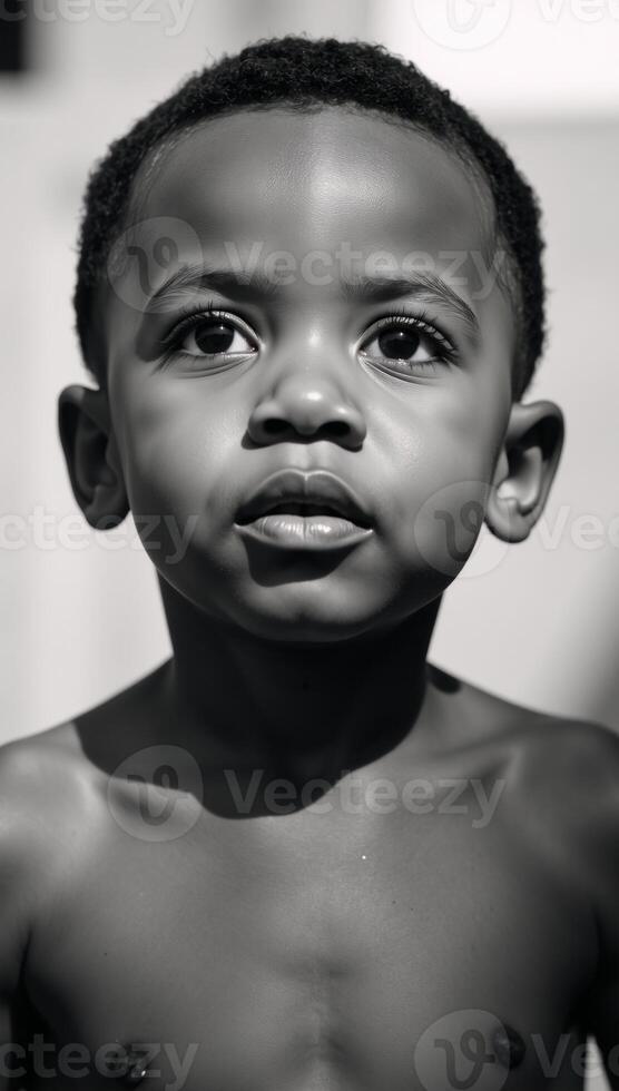 Blackandwhite portrait captures an expressive preschool African American boy under bright daylight looking up with clear skin and short hair photo