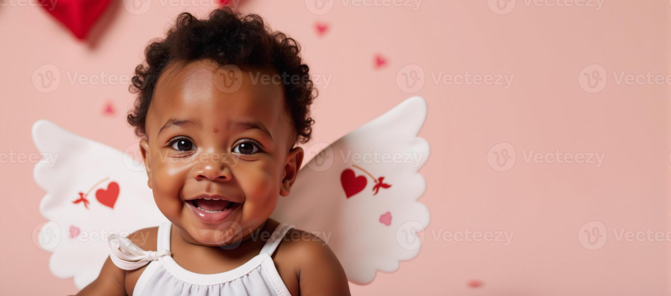 An African American baby angel portrayed lovingly amidst a romantic Valentinesthemed scene complete with winged halo and heart adornments photo
