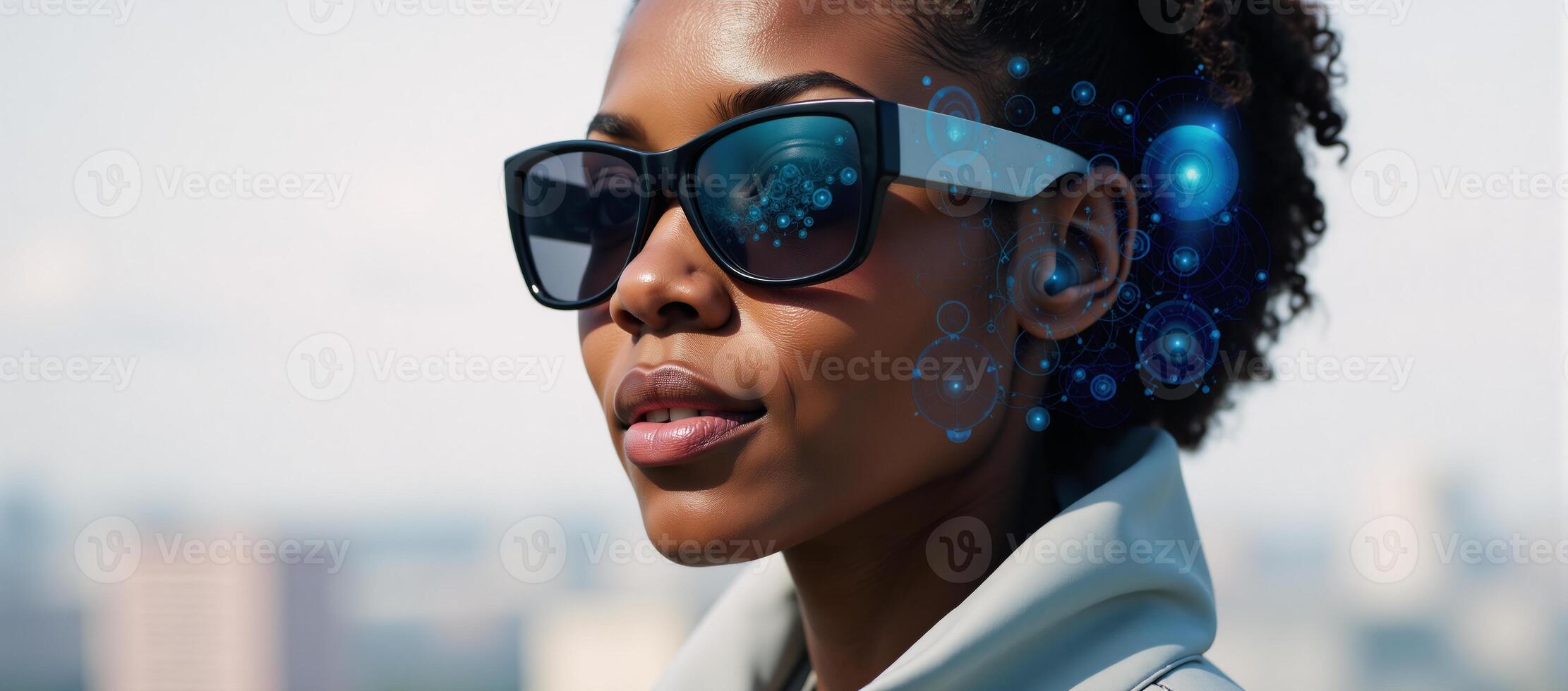 A creative blend of African American woman with sunglasses and techinspired abstraction captures the humantech connection in a futurefocused setting photo