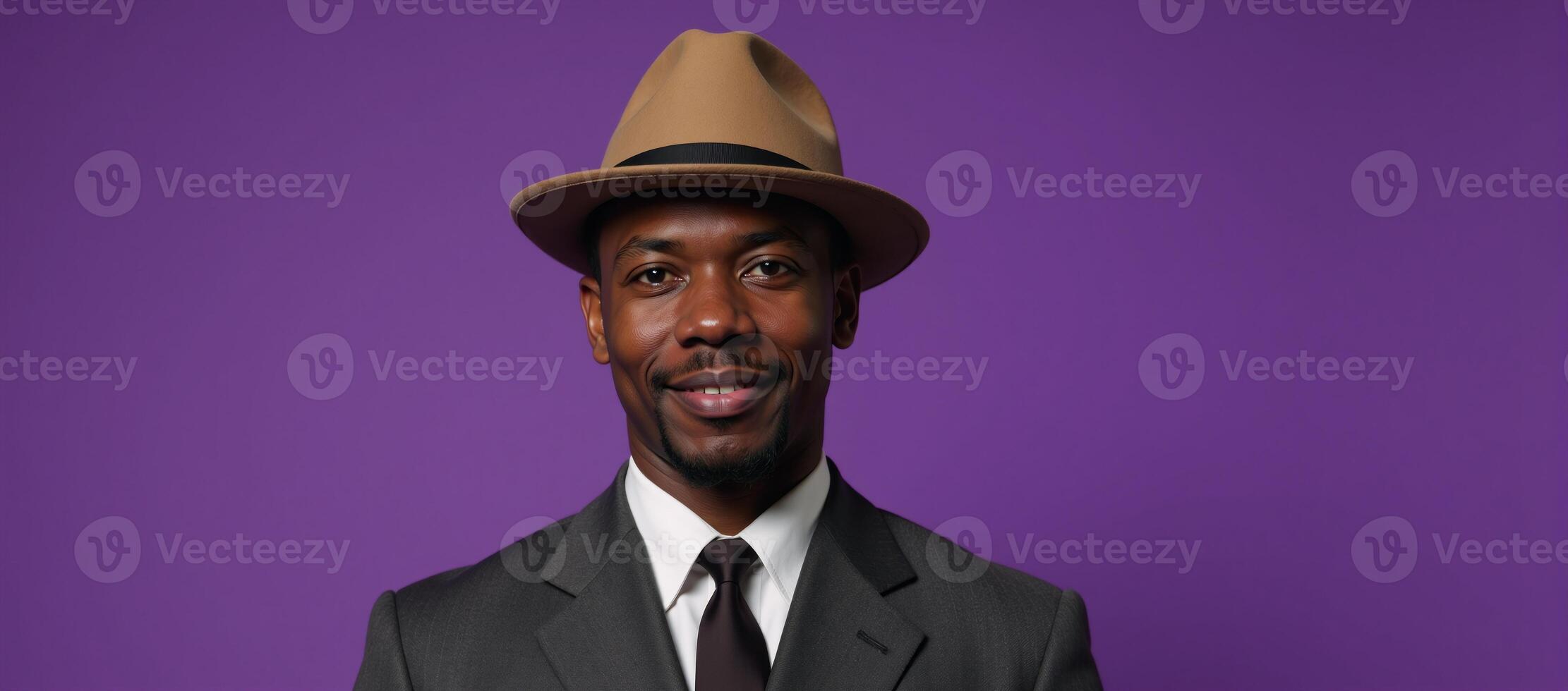 African American man depicted in vintage attire hat suit against a purplish backdrop resembling 1930s40s era workingclass portrait photo
