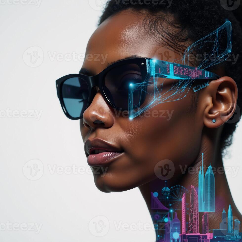 A creative blend of African American woman with sunglasses and techinspired abstraction captures the humantech connection in a futurefocused setting photo