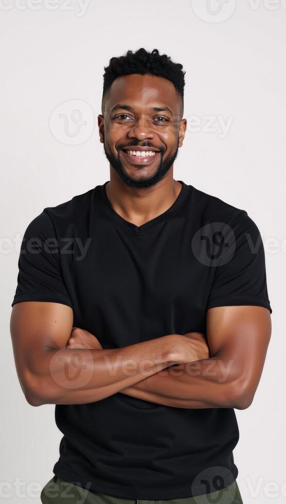 A smiling African American man poses on a white backdrop with crossed arms photo