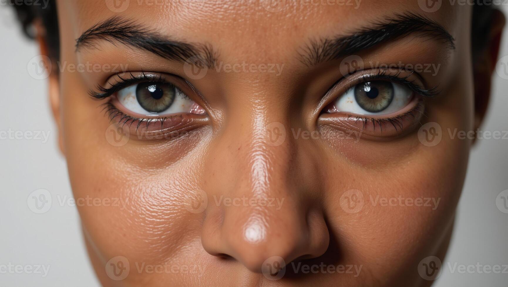 Closeup portrait of an African American woman with striking blue eyes and an intense gaze photo