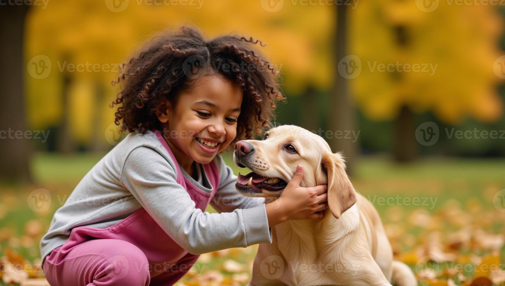 An AfricanAmerican girl and her playful dog enjoy autumn fun in a park emphasizing their joyous friendship and the theme of childhood outdoor activities photo