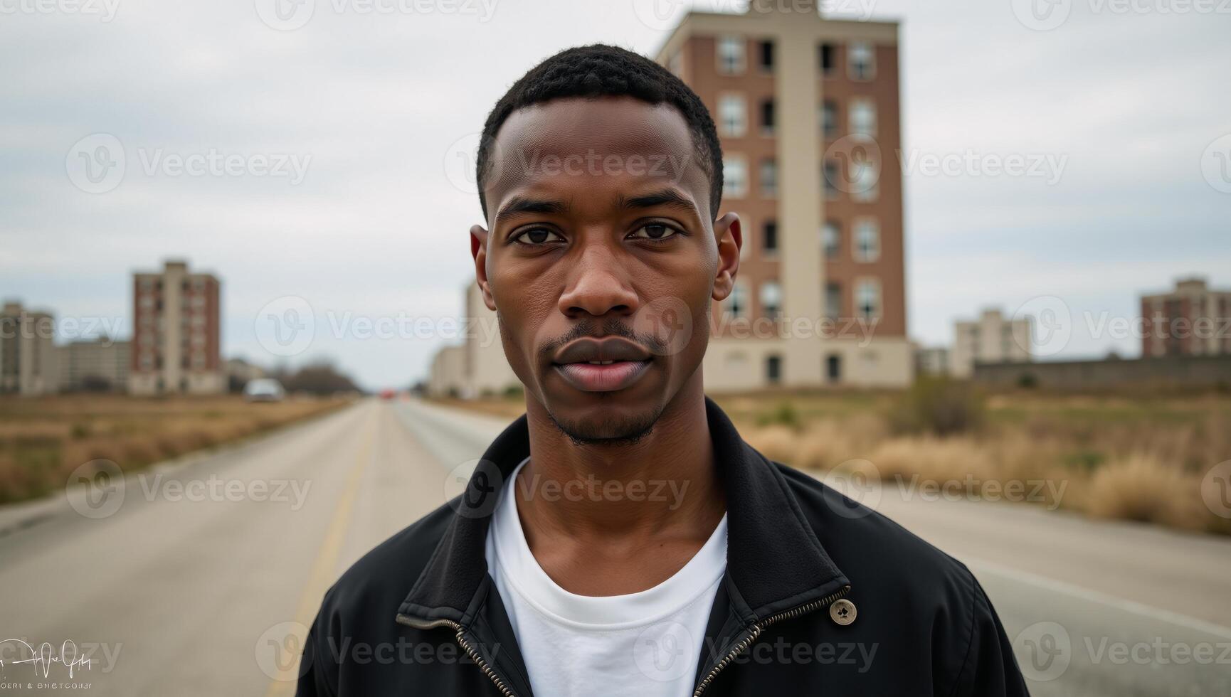 A powerful doubleexposure portrait captures a young African American man isolated amidst a desolate urban landscape photo