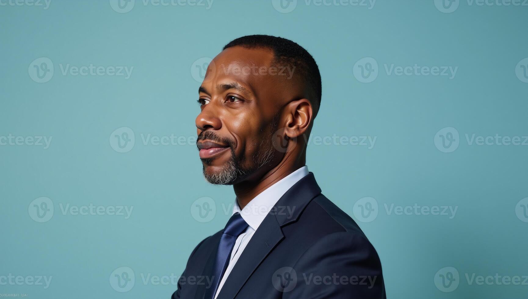 Portrait of a wise confident introspective African American man on calming blue backdrop photo