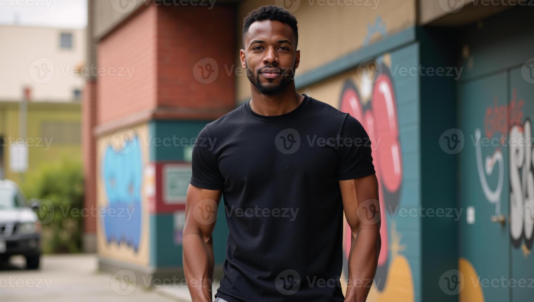 Confident African American male in fitted black tee against an urban backdrop captured under soft bokeh lighting to showcase textures and fit photo