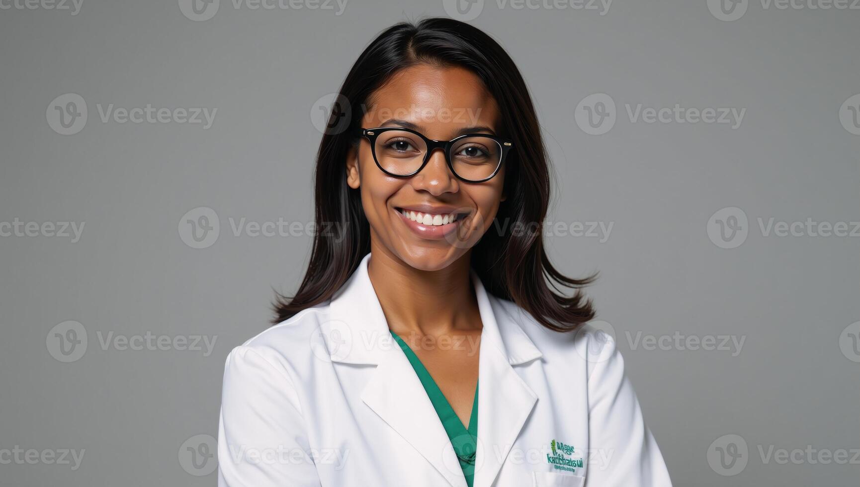Portrait of a cheerful African American female physician beaming towards the lens photo