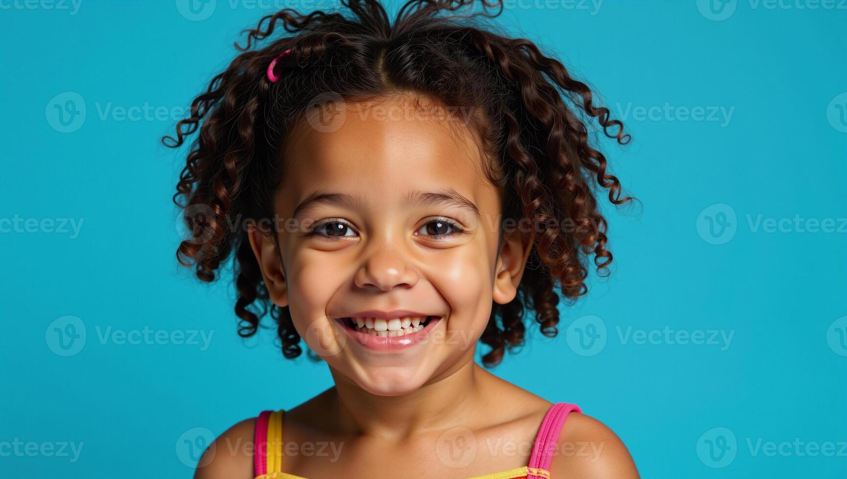 An adorable AfricanAmerican girl with curly hair and a bright smile captures youthful happiness against a vibrant blue backdrop photo