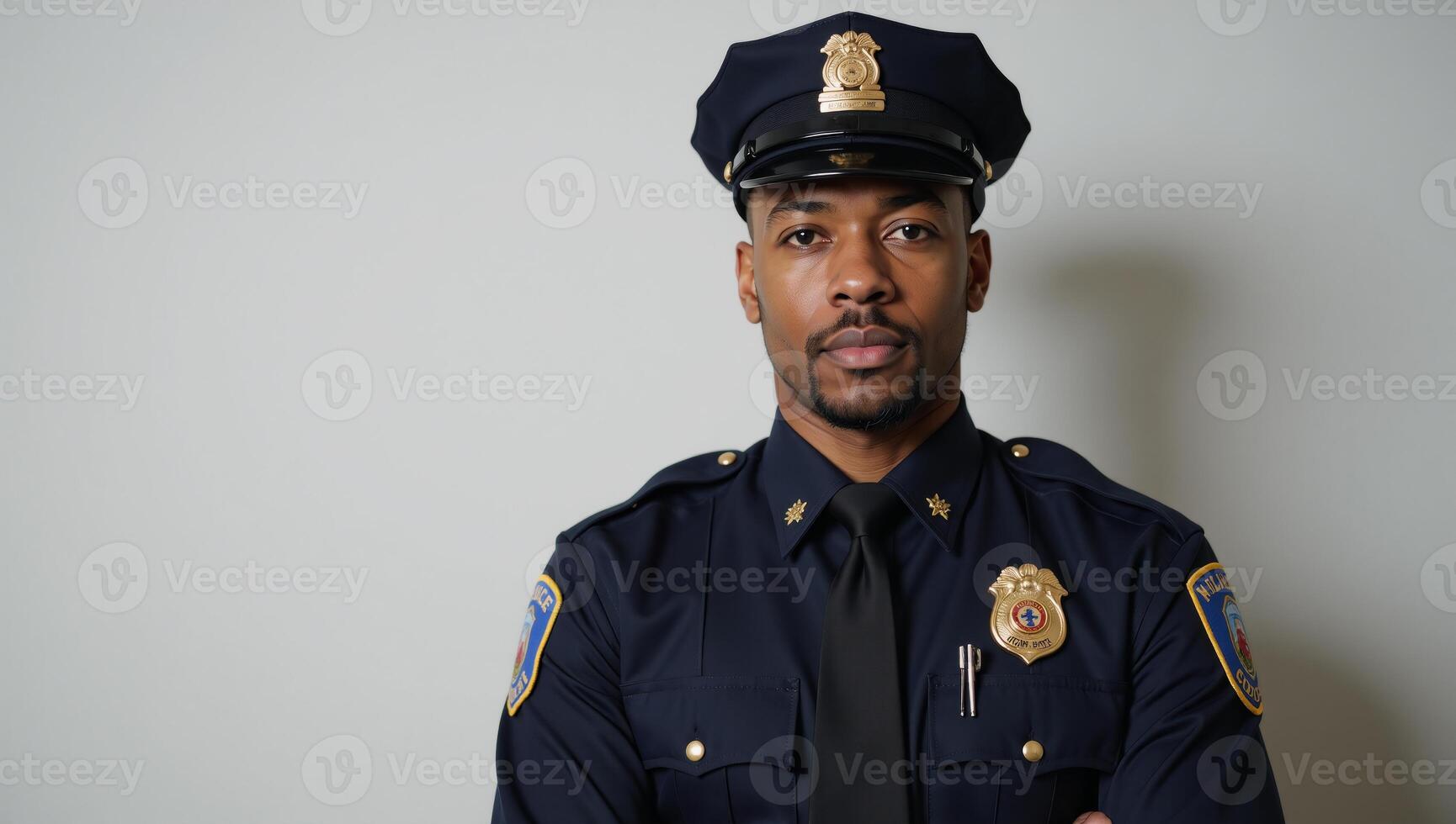 Portrait of an African American police officer in uniform against a blurry backdrop photo