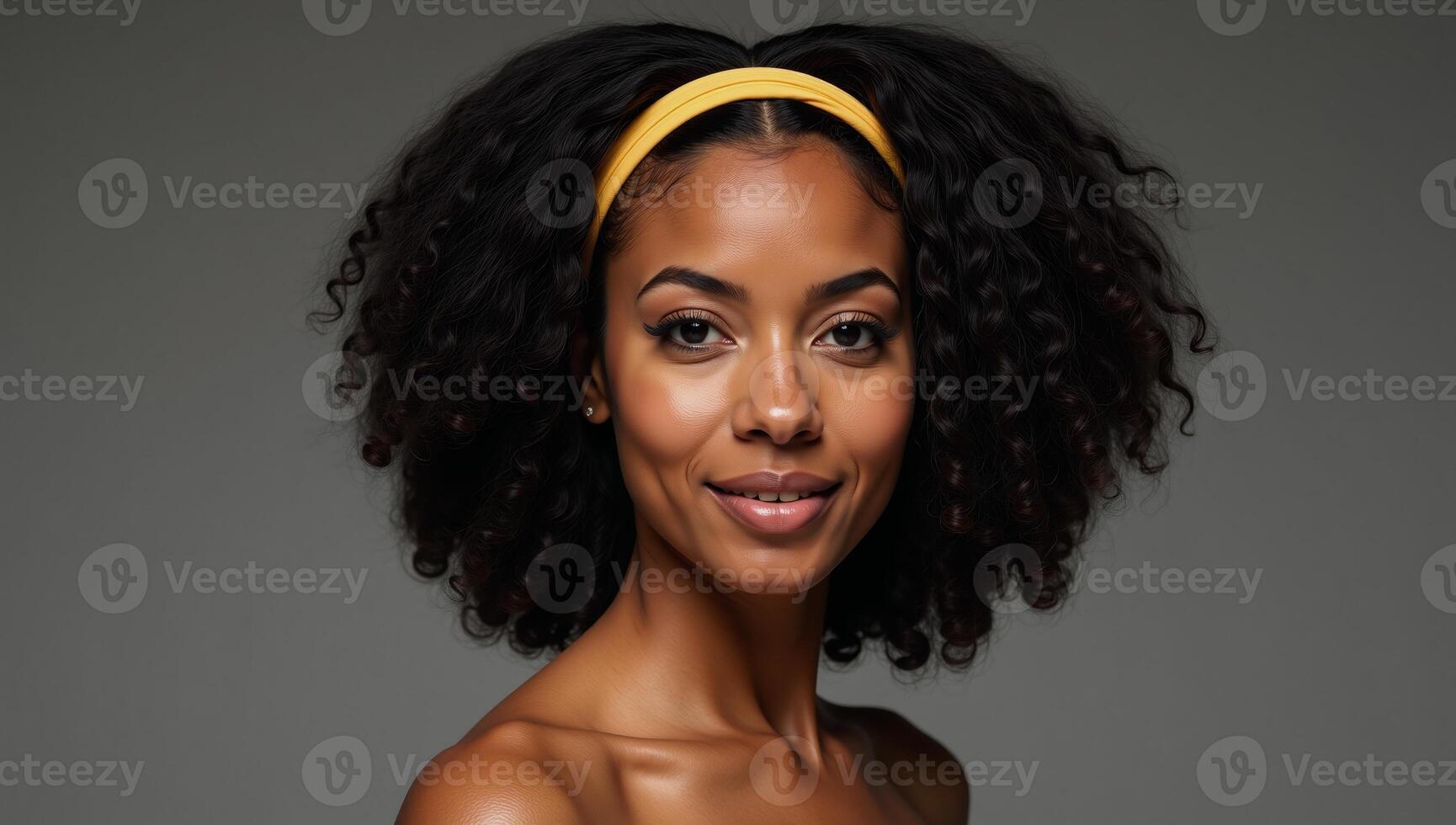 70sinspired portrait featuring an African American woman wearing a retro hairstyle with a large afro and headband photo