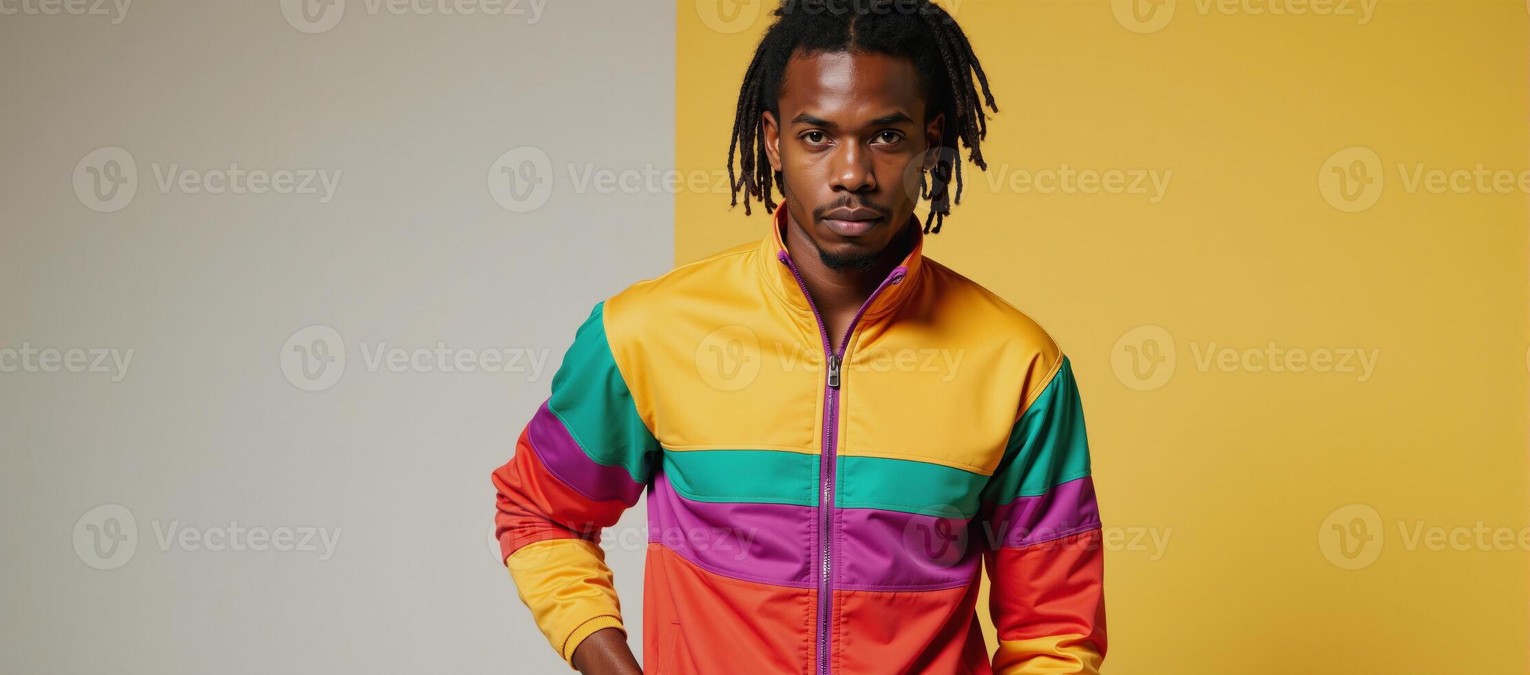 African American male in colorful 80sstyle tracksuit with dreadlocks photo