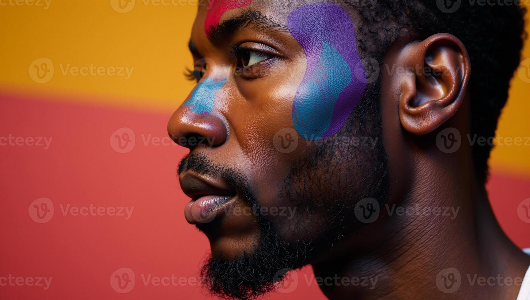Colorful portrait showcases an AfricanAmerican man with a focused expression in a closeup facial profile photo