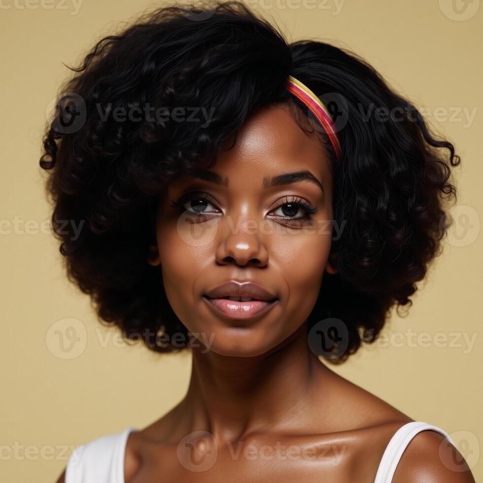 70sinspired portrait featuring an African American woman wearing a retro hairstyle with a large afro and headband photo