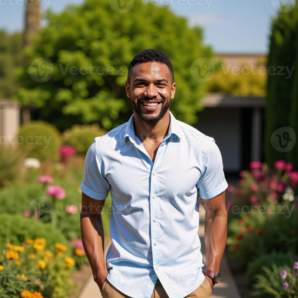 A handsome AfricanAmerican man smiles in an outdoor portrait while strolling through a garden photo