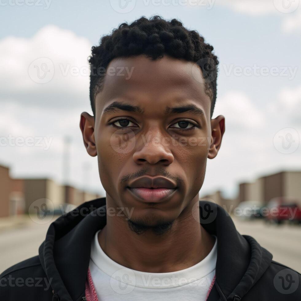 A powerful doubleexposure portrait captures a young African American man isolated amidst a desolate urban landscape photo