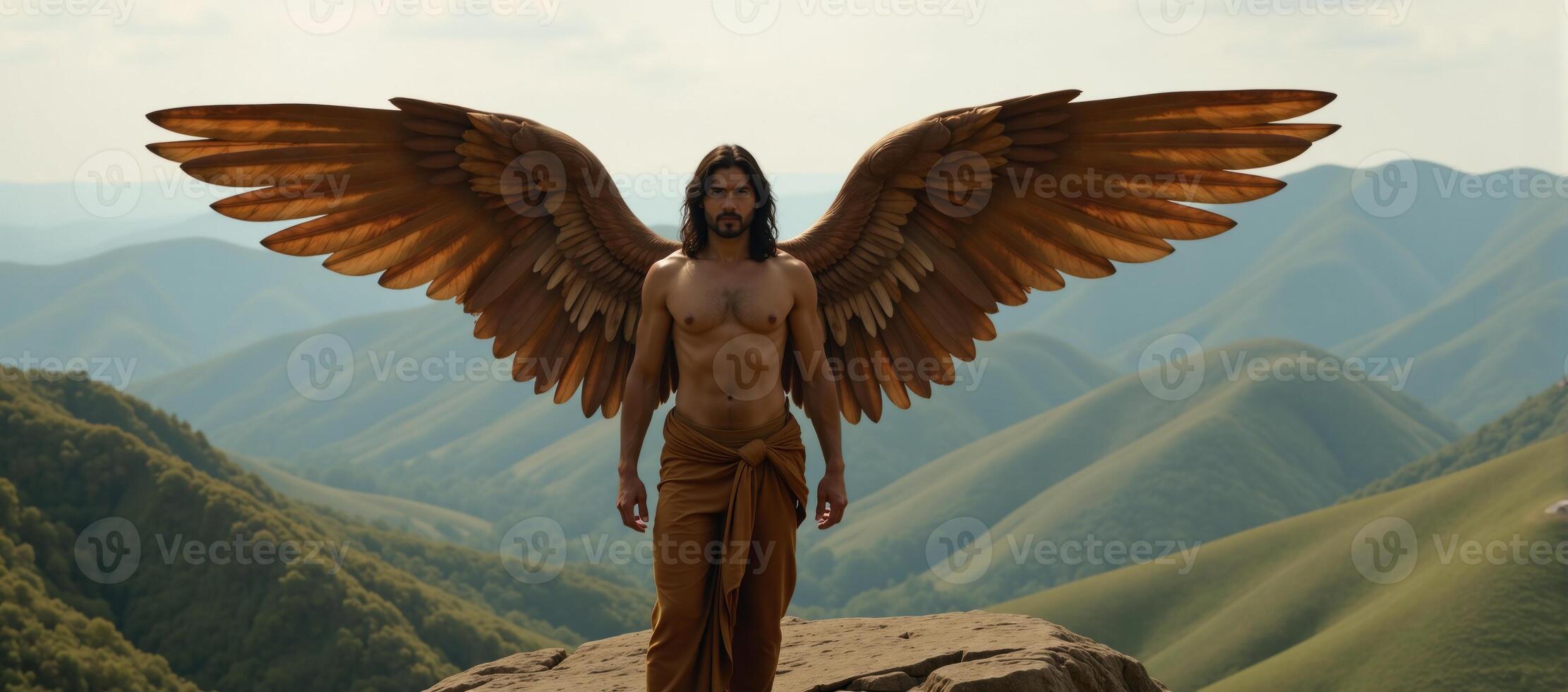 Illustrated male angel on a vast brown Indian landscape showcasing detailed features and distinctive skin tone photo