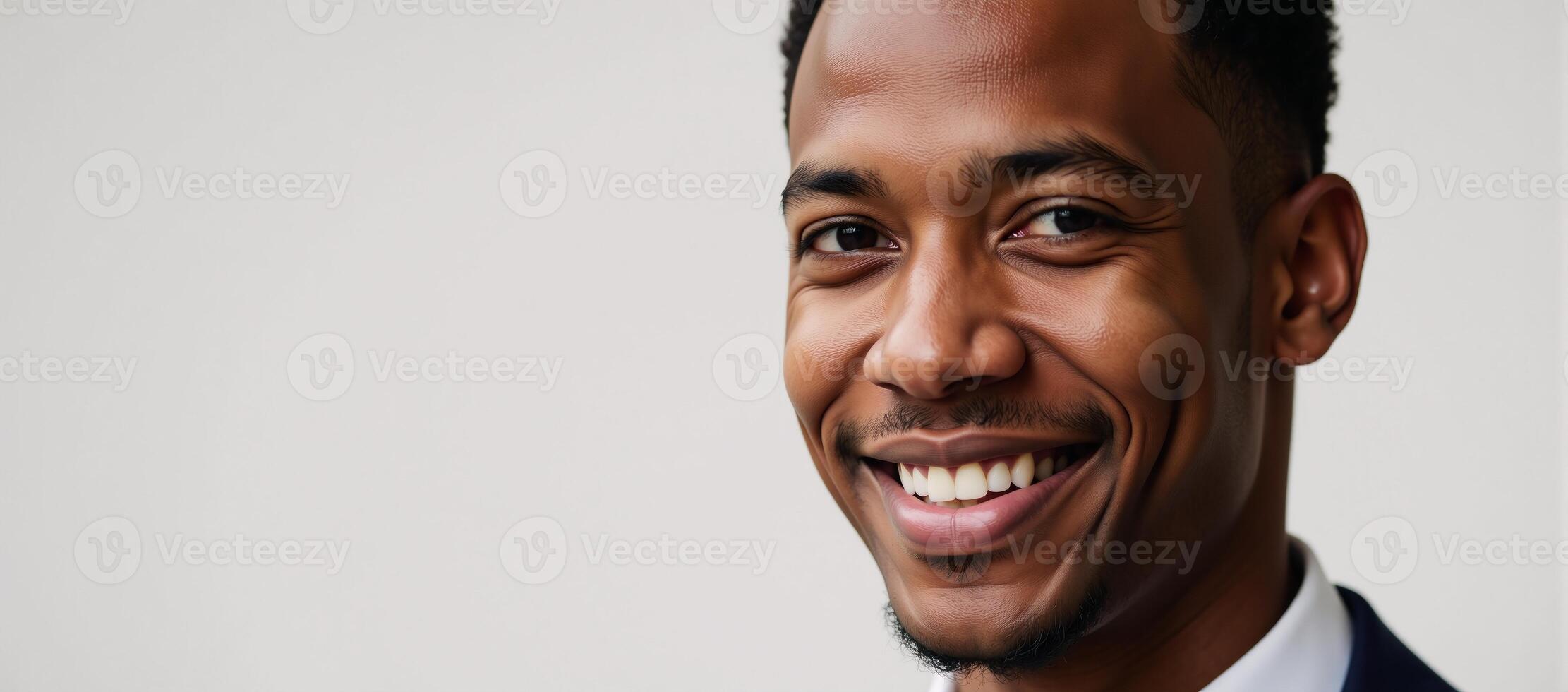 Closeup image of an African American man with smile gazes directly at the viewer photo