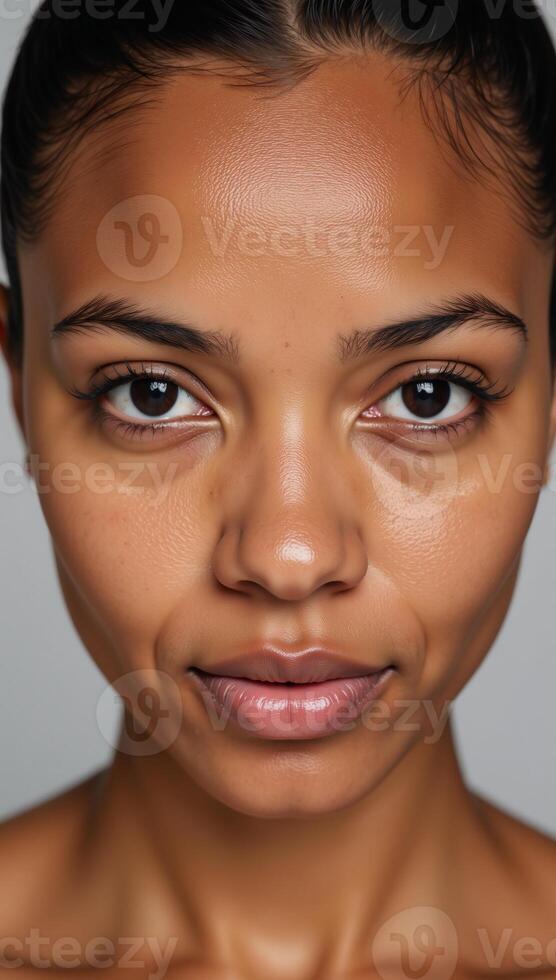 Closeup portrait of an African American woman with striking blue eyes and an intense gaze photo