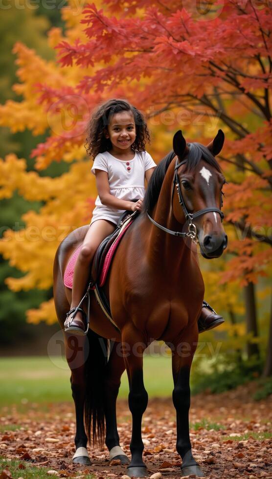AfricanAmerican girl bonding with a horse amidst autumns vibrant colors conveying themes of childhood friendship and connection to nature photo