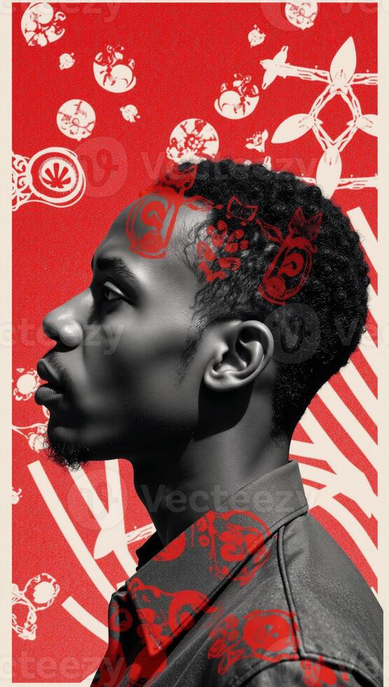 Black History Month tribute Artistic African male portrait blended with abstract red graphics on a horizontal background in blackandwhite style photo