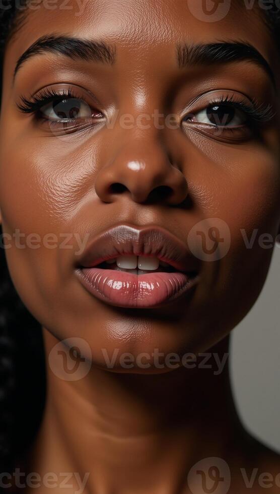 A closeup portrait highlights glossy confident lips on a stunning African American woman with plump full features photo